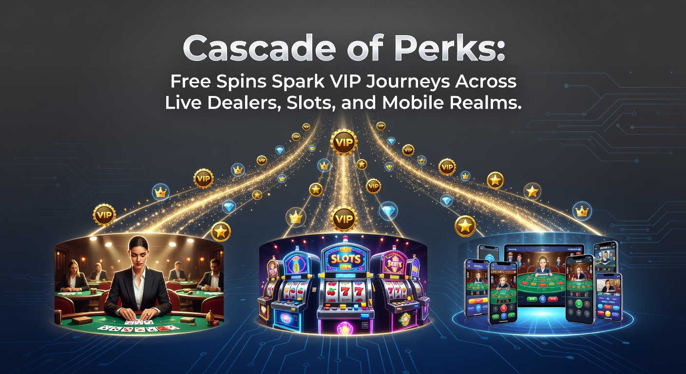 Vibrant slot machine reels spinning with cascading free spins symbols, transitioning to luxurious VIP lounge scenes and mobile screens displaying live dealer tables