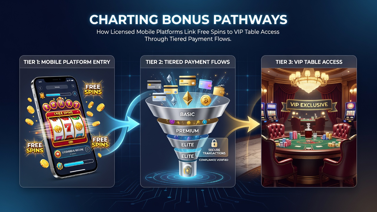 Mobile casino interface showing free spins progression into VIP table games via tiered deposits