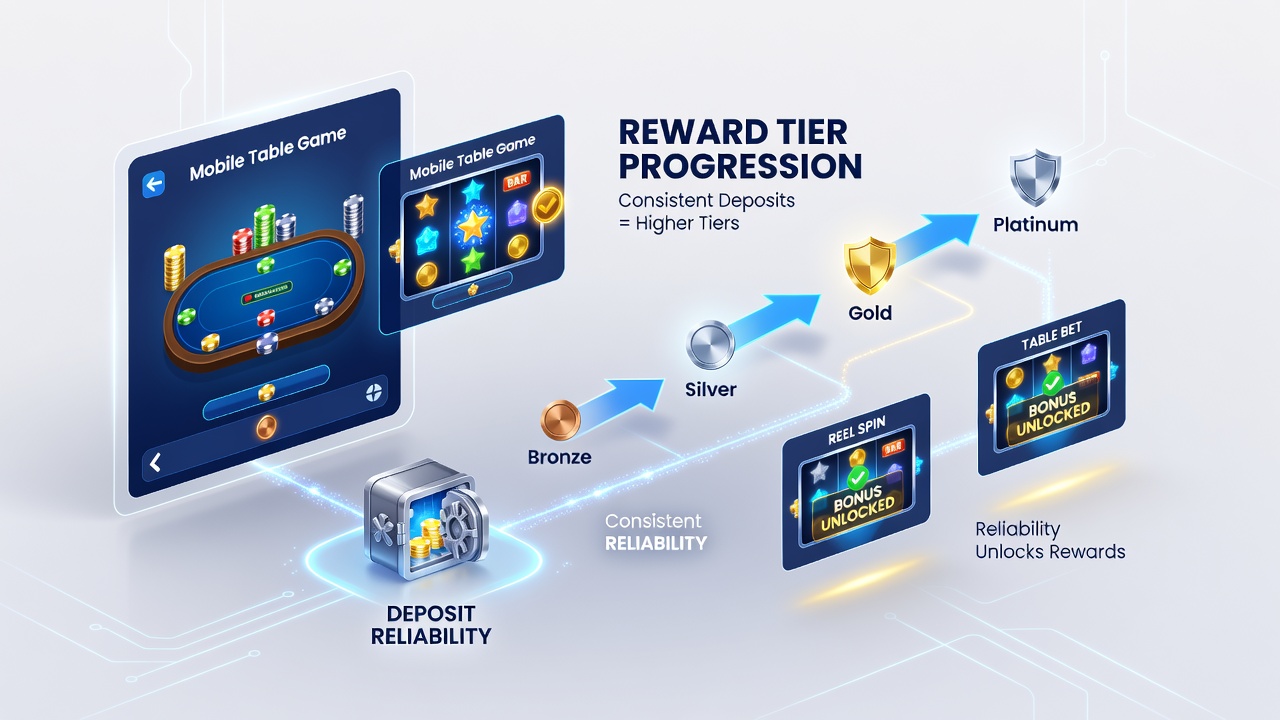 Chart illustrating reward tier progression linked to consistent deposits in mobile table and reel gaming environments
