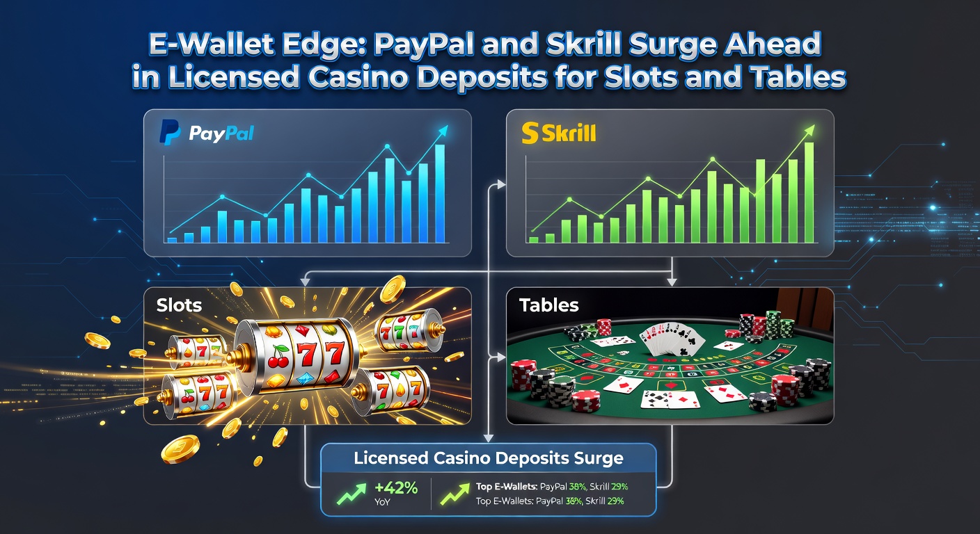 Graph showing rising deposit trends for PayPal and Skrill in online casino slots and tables, with icons of secure transactions and game thumbnails