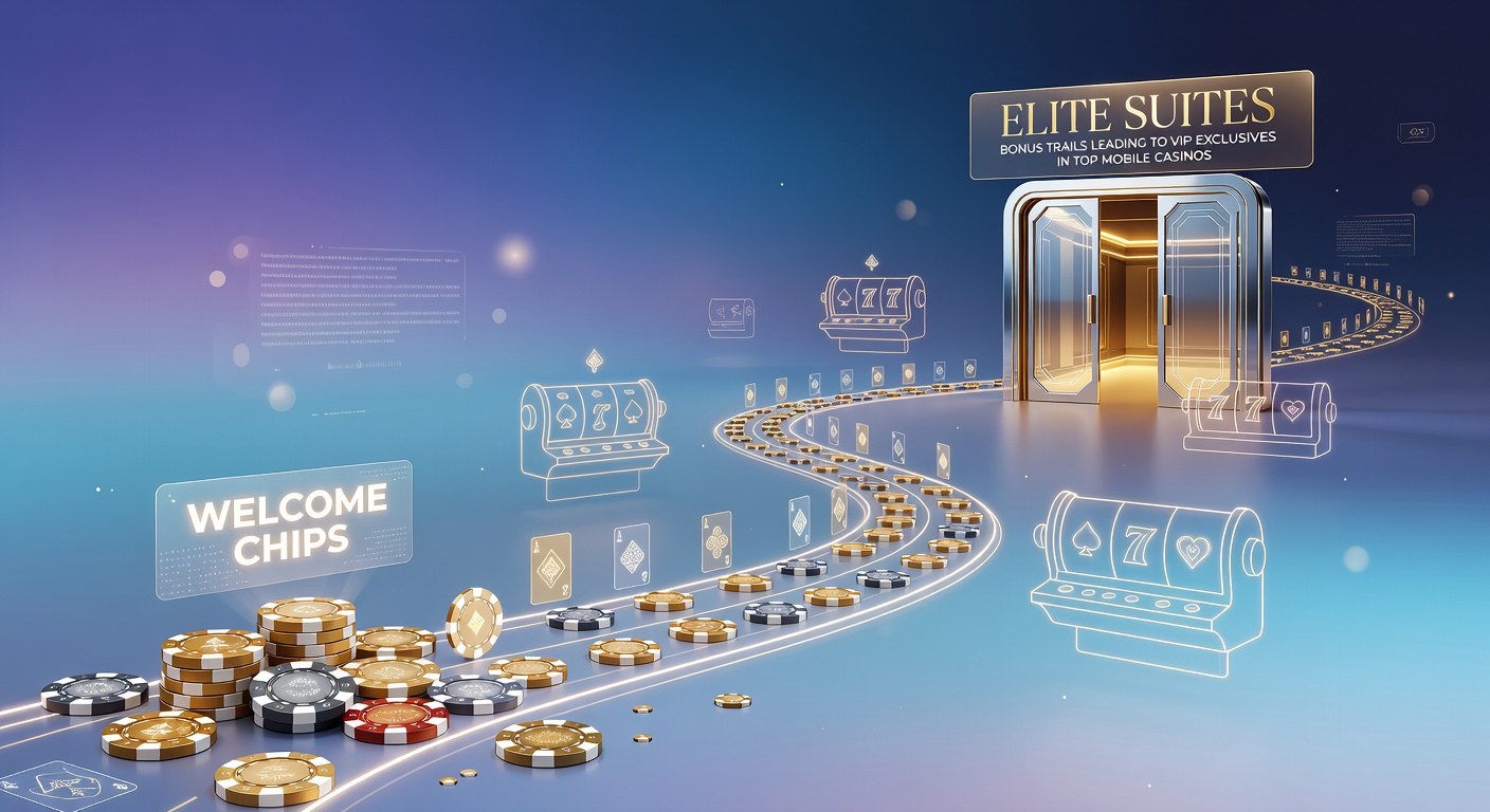 Mobile casino app screen showing welcome bonus offer with chips and loyalty tiers progressing upward