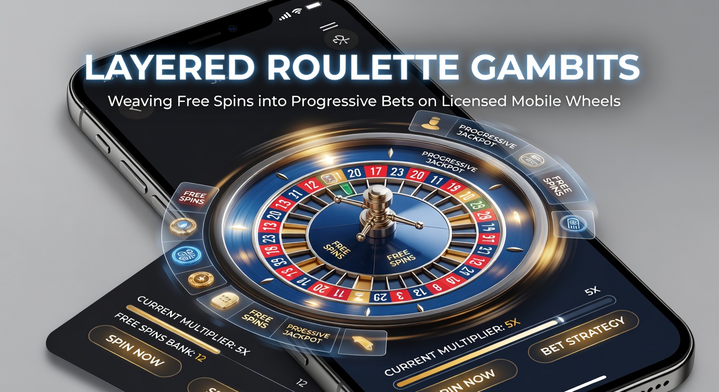 Close-up of a progressive bet ladder on a mobile roulette table, intertwined with cascading free spin rewards and regulatory badges