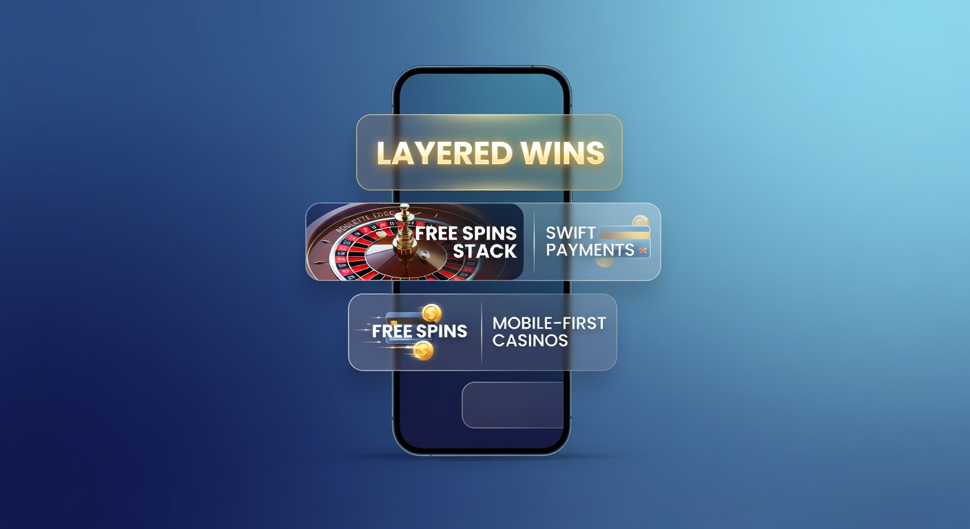 Smartphone displaying layered free spins payout screen next to a swift payment confirmation and live roulette bet slip