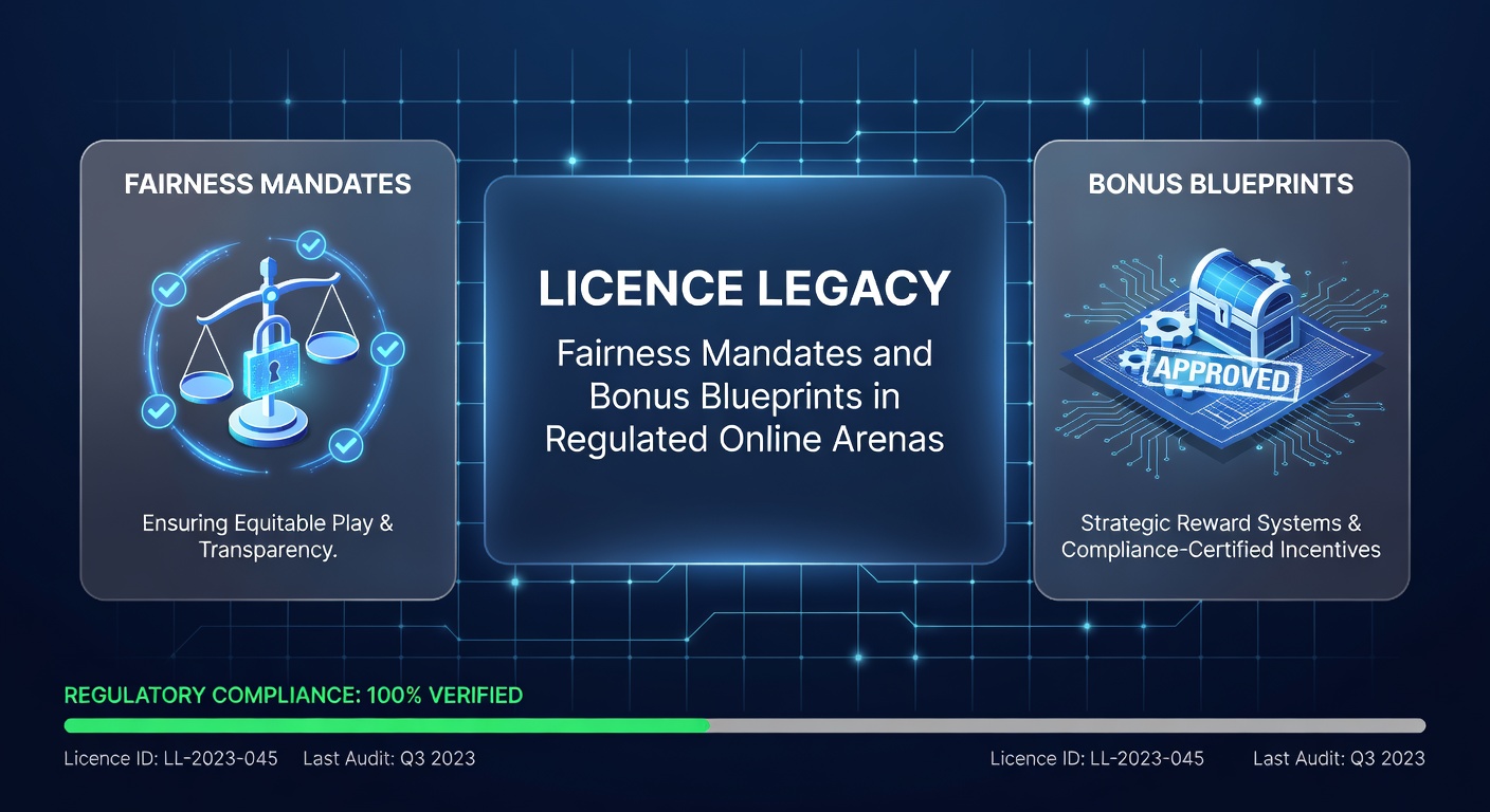 Infographic illustrating bonus structures with wagering requirements, fairness icons, and regulatory stamps in a modern online gaming environment