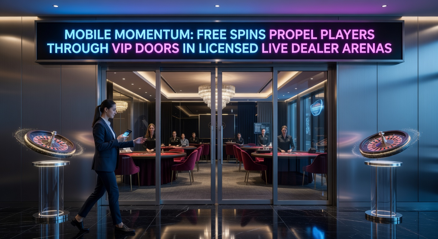 Live dealer blackjack table on mobile with VIP badge glowing, free spins counter ticking upward in the background