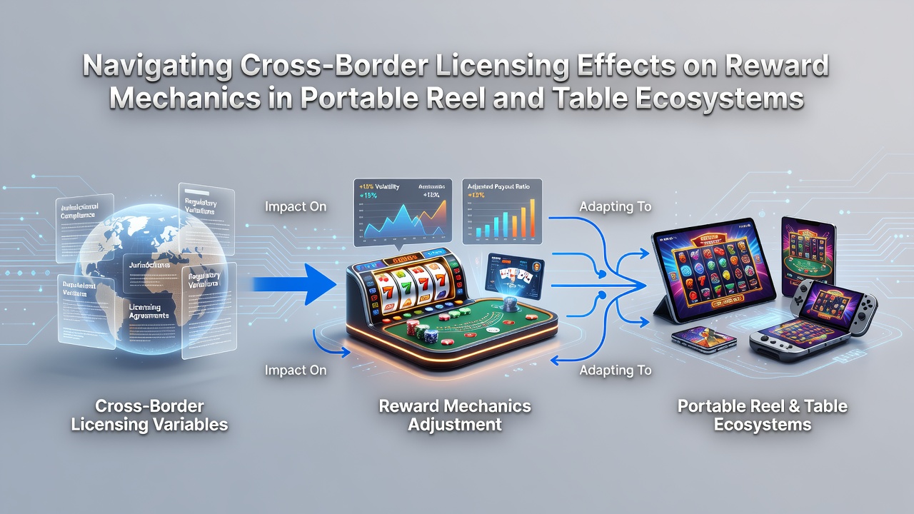 Cross-border licensing diagrams overlaid on mobile reel and table game interfaces