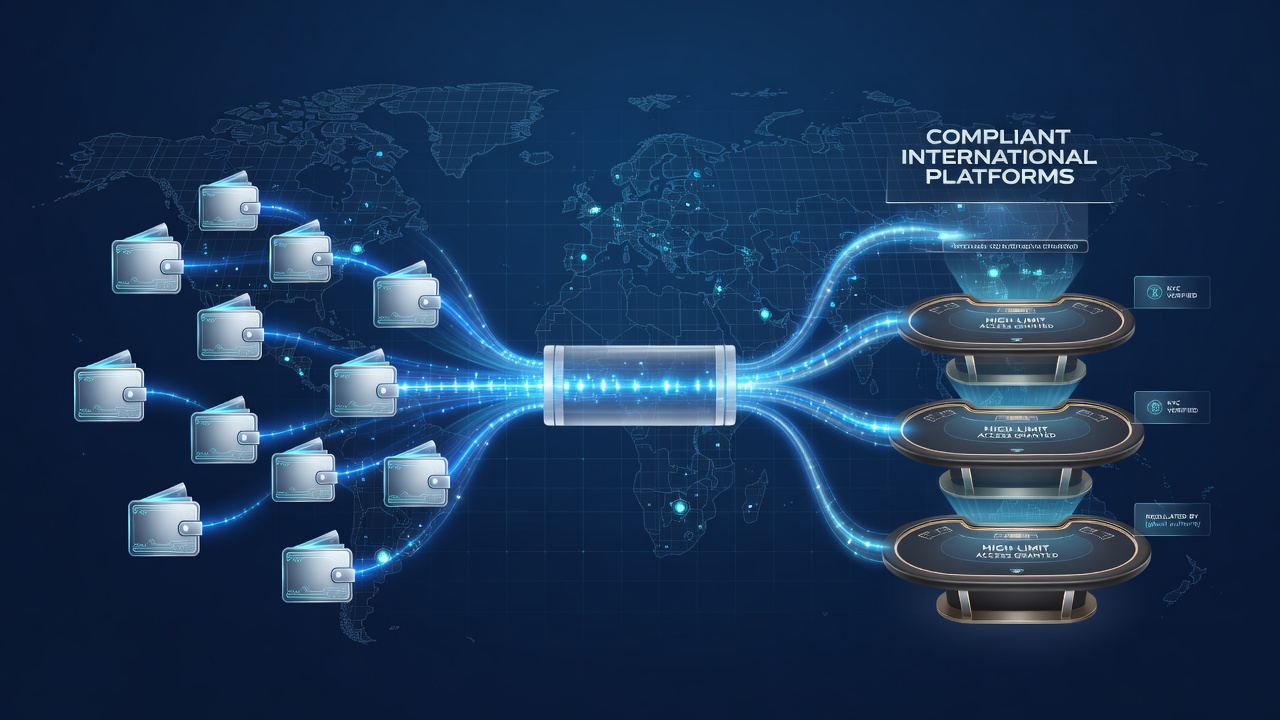 Digital wallet interfaces connecting to international casino platforms with compliance checkpoints highlighted
