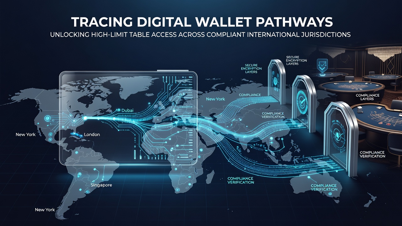 Flowchart showing digital wallet verification steps leading to high-limit table game access on global platforms