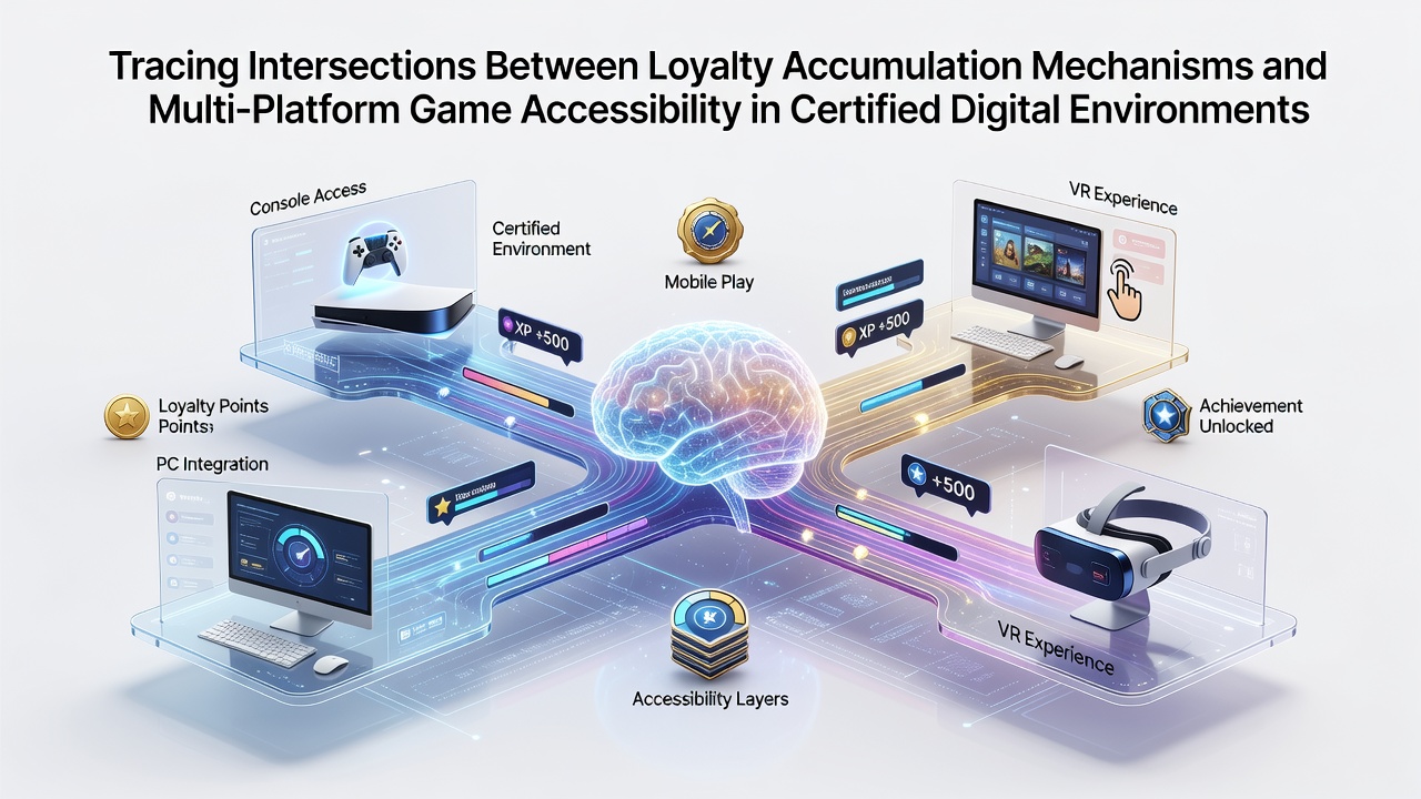 Digital interface showing loyalty points syncing across mobile and desktop gaming platforms in a regulated environment