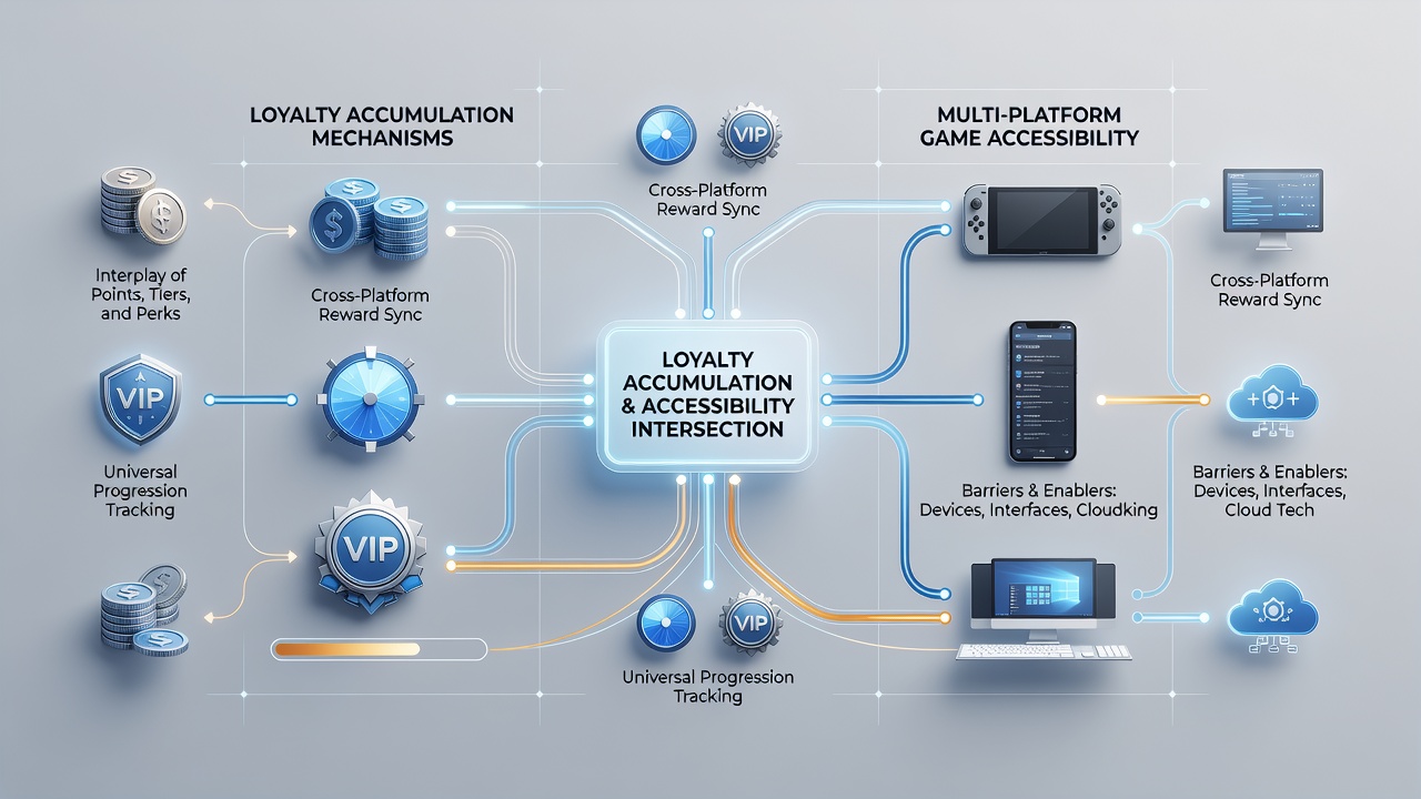 Illustration of synchronized loyalty tiers displayed on various certified gaming devices including tablets and smartphones